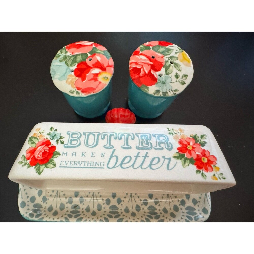 Pioneer Woman Vintage Floral Salt & Pepper Shakers With Butter Dish